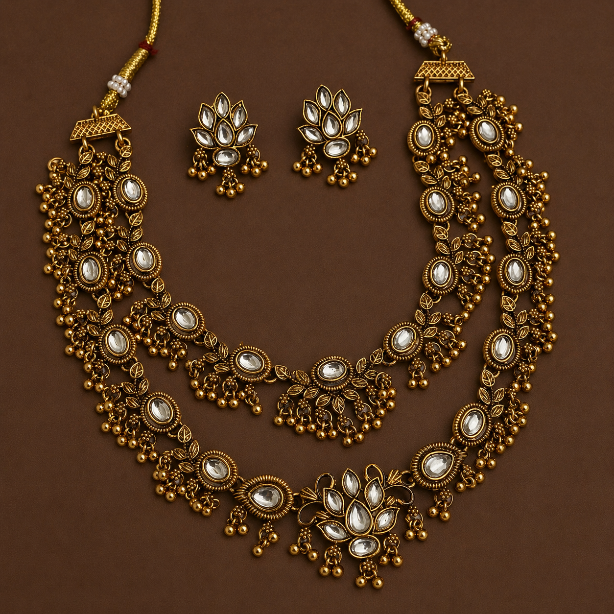 TWO LAYER WHITE STONES FLORAL NECKLACE SET
