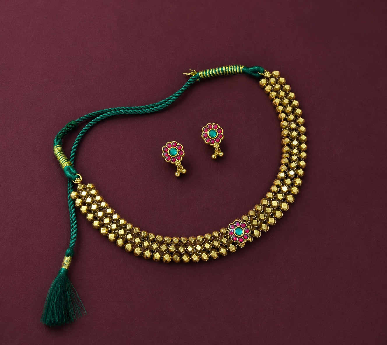 ANTIQUE GOLD TONE RUBY/GREEN FLORAL NECKLACE SET