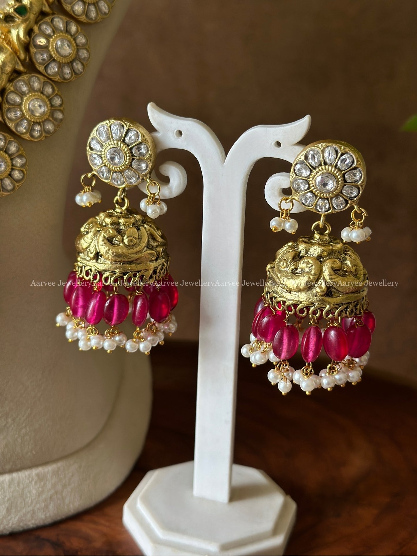 COMBO - JADAU KUNDAN WHITE STONE HIGH NECK CHOKER & WHITE AND PINK STONE HARAM WITH LOTUS PENDANT & PINK BEADS