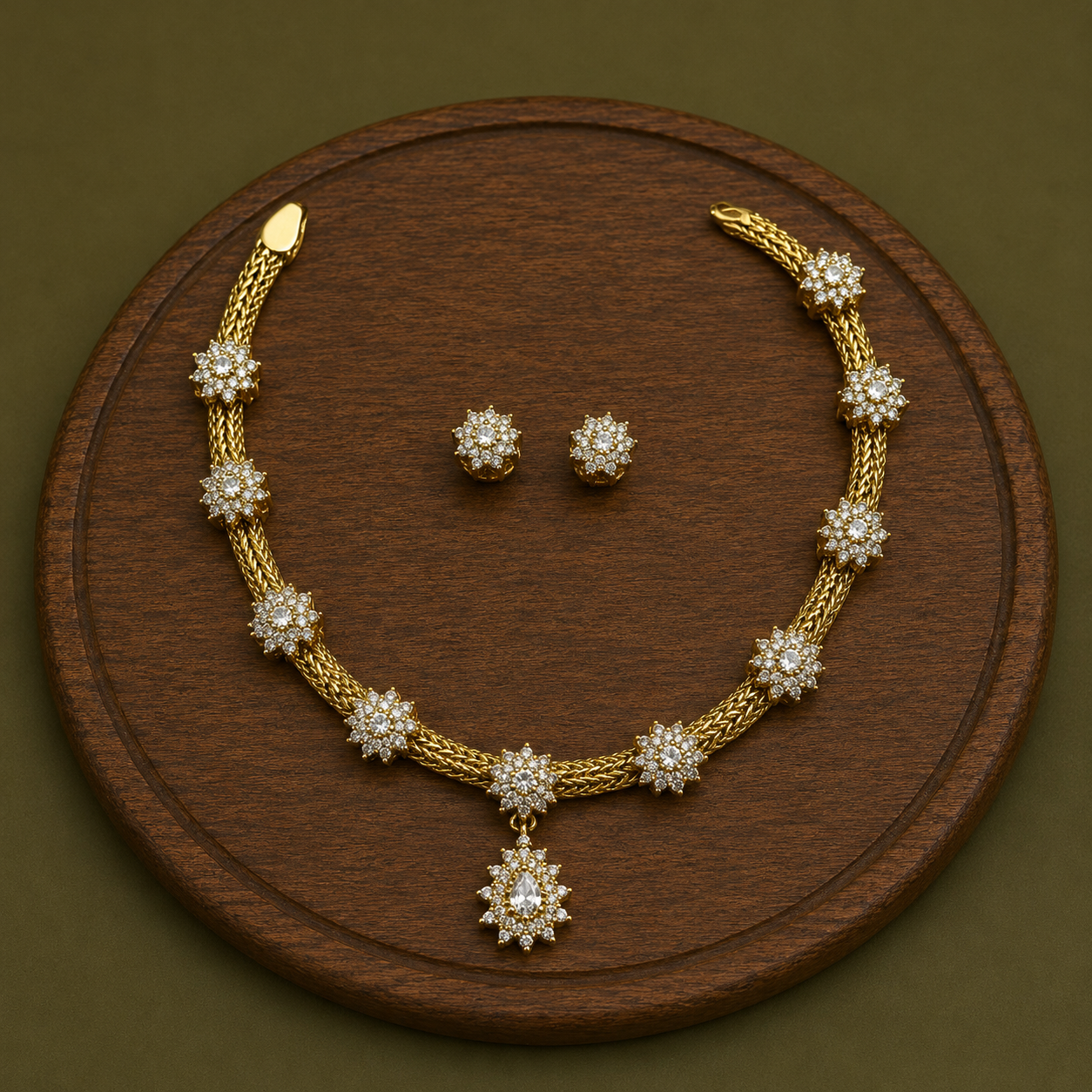GOLD MESH CHAIN NECKLACE SET WITH WHITE AD STONES PENDANT