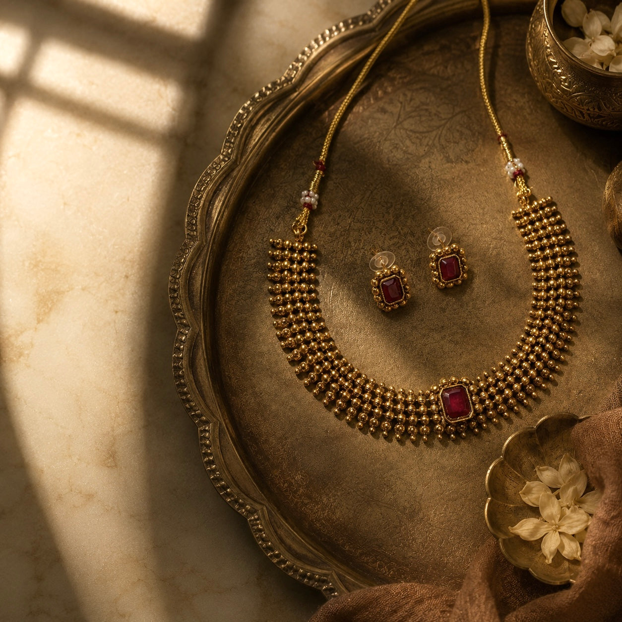 ELEGANT PLAIN GOLD TONE NECKLACE SET WITH RUBY STONE