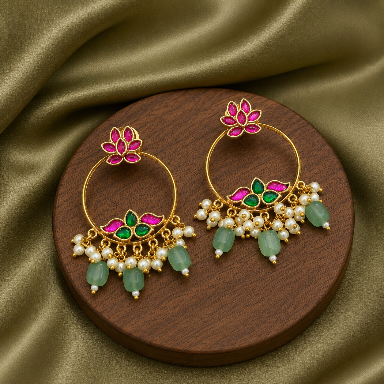 JADAU KUNDAN PINK / GREEN STONES CHAND BALI EARRINGS
