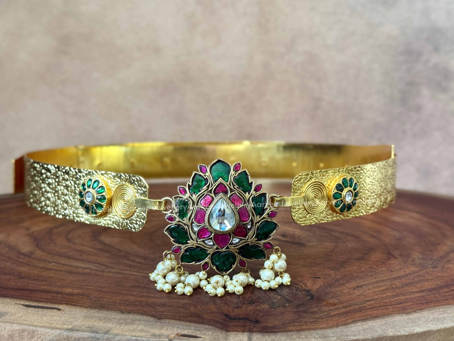 JADAU KUNDAN GREEN STONE LOTUS WAIST BELT
