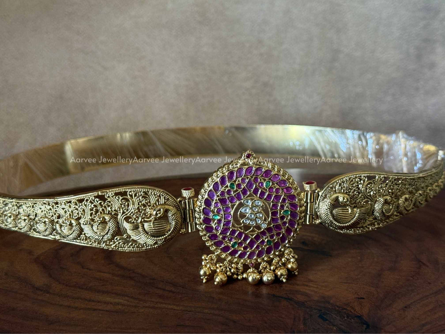 PREMIUM ANTIQUE GOLD PINK KUNDAN STONE WAIST BELT WITH PEACOCK MOTIF AND GOLD BEADS