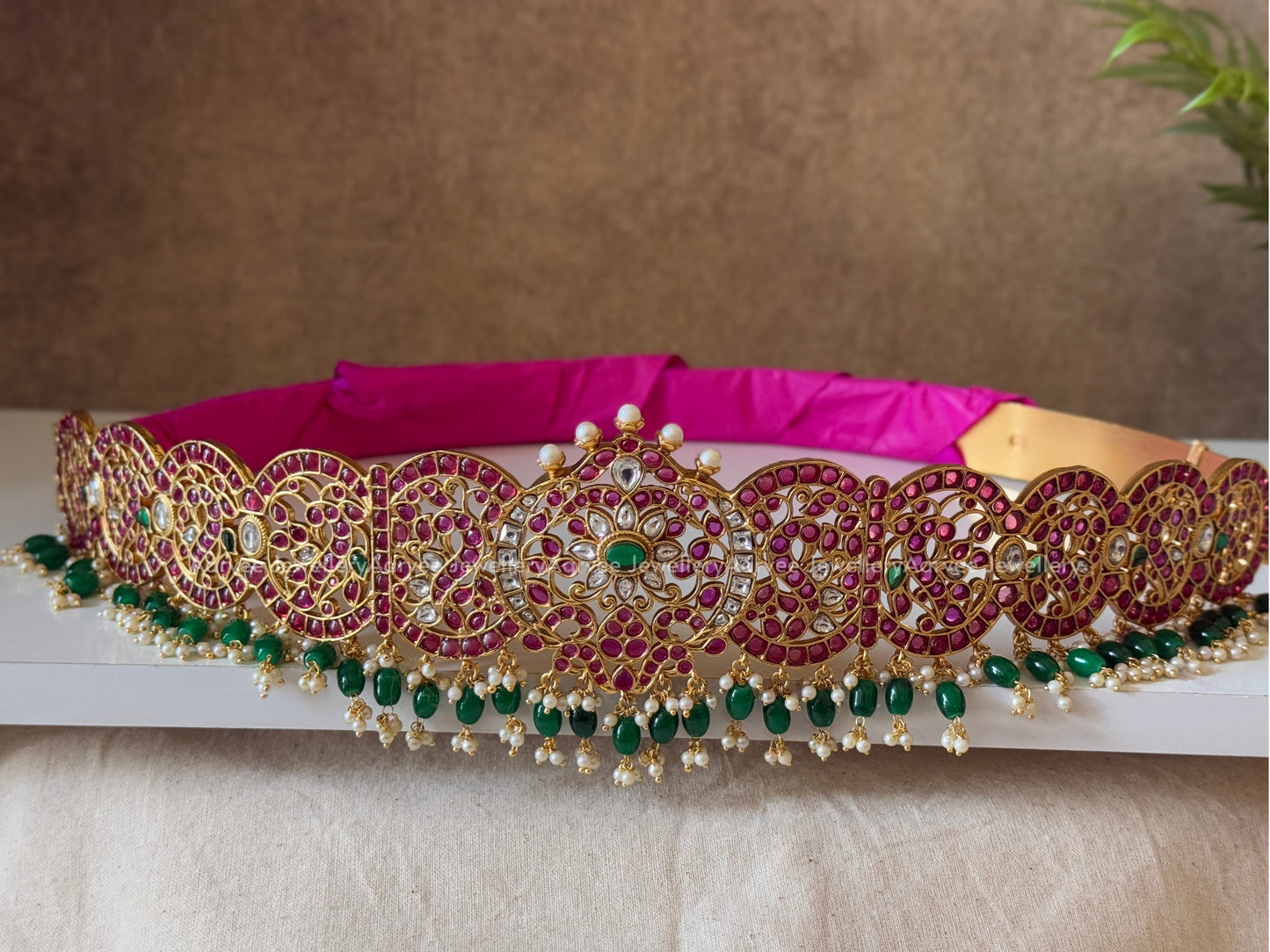 KEMP STONE FLORAL/PEACOCK WAIST BELT WITH GREEN BEADS