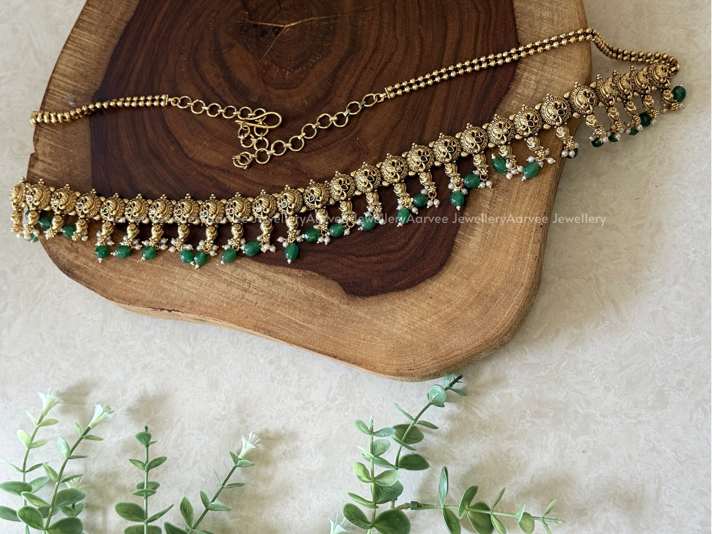 FULL GOLD PEACOCK MOTIF WASIT CHAIN WITH GREEN BEADS