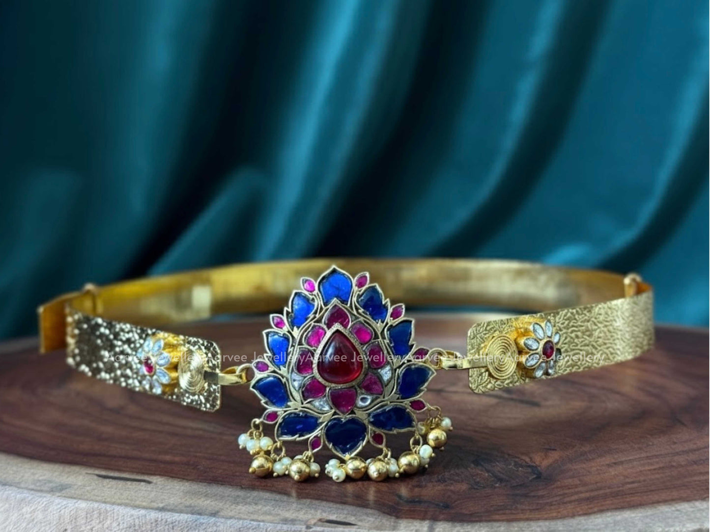 JADAU KUNDAN BLUE / PINK STONES LOTUS WAIST BELT