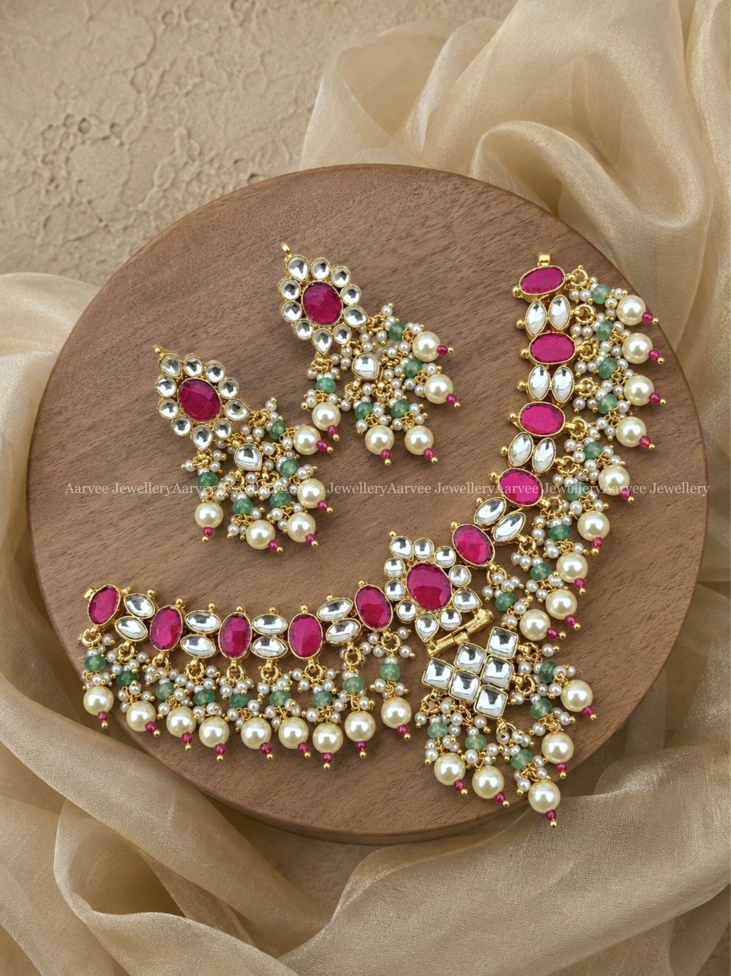 POLKI KUNDAN RUBY STONE NECKLACE SET WITH PEARL & TINY PASTEL BEADS