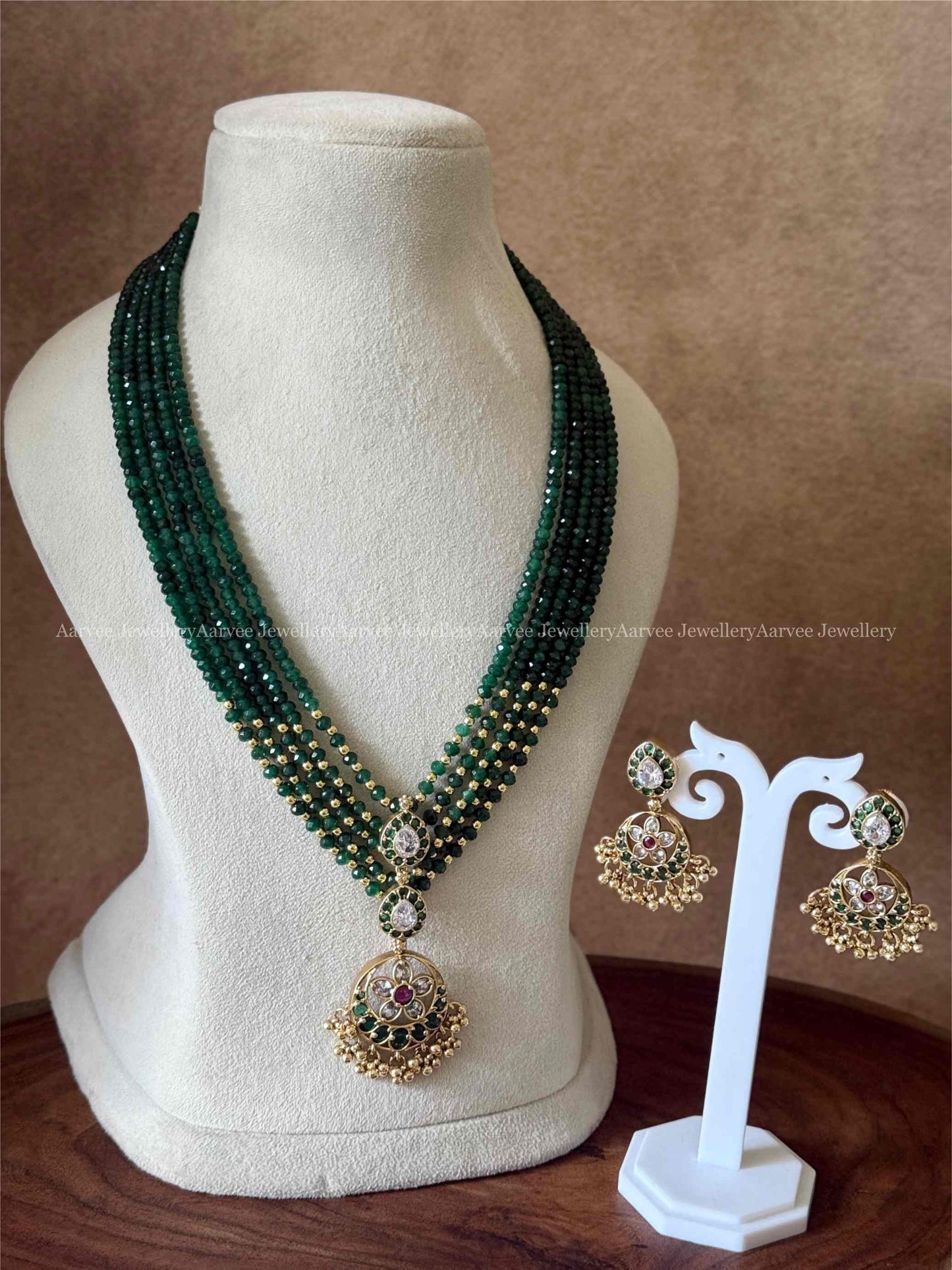 CLEARANCE - GREEN BEADED MID LENGTH CHAIN SET WITH CZ PENDANT