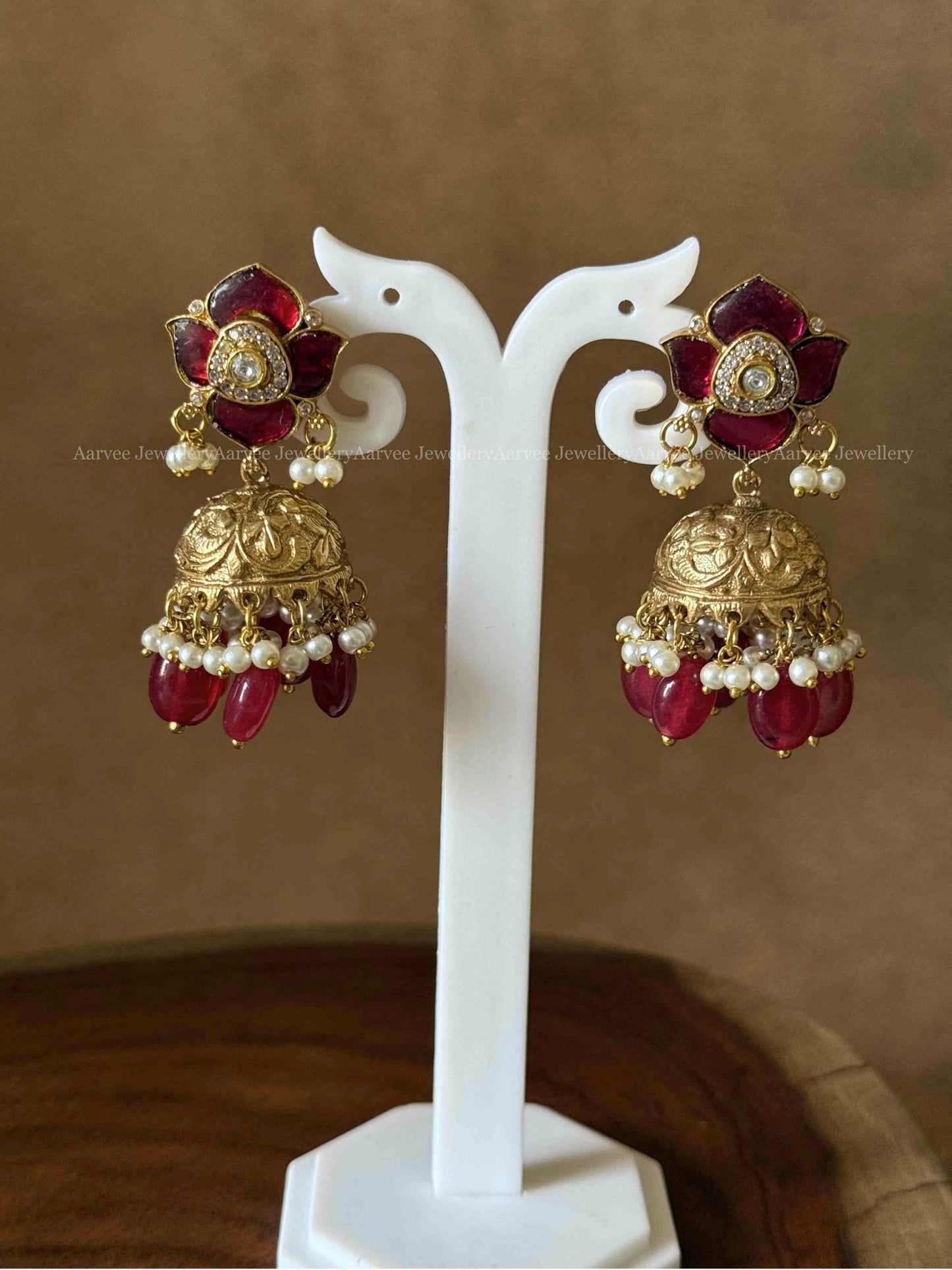 CLEARANCE - RED STONE FLORAL JHUMKI WITH RED BEADS