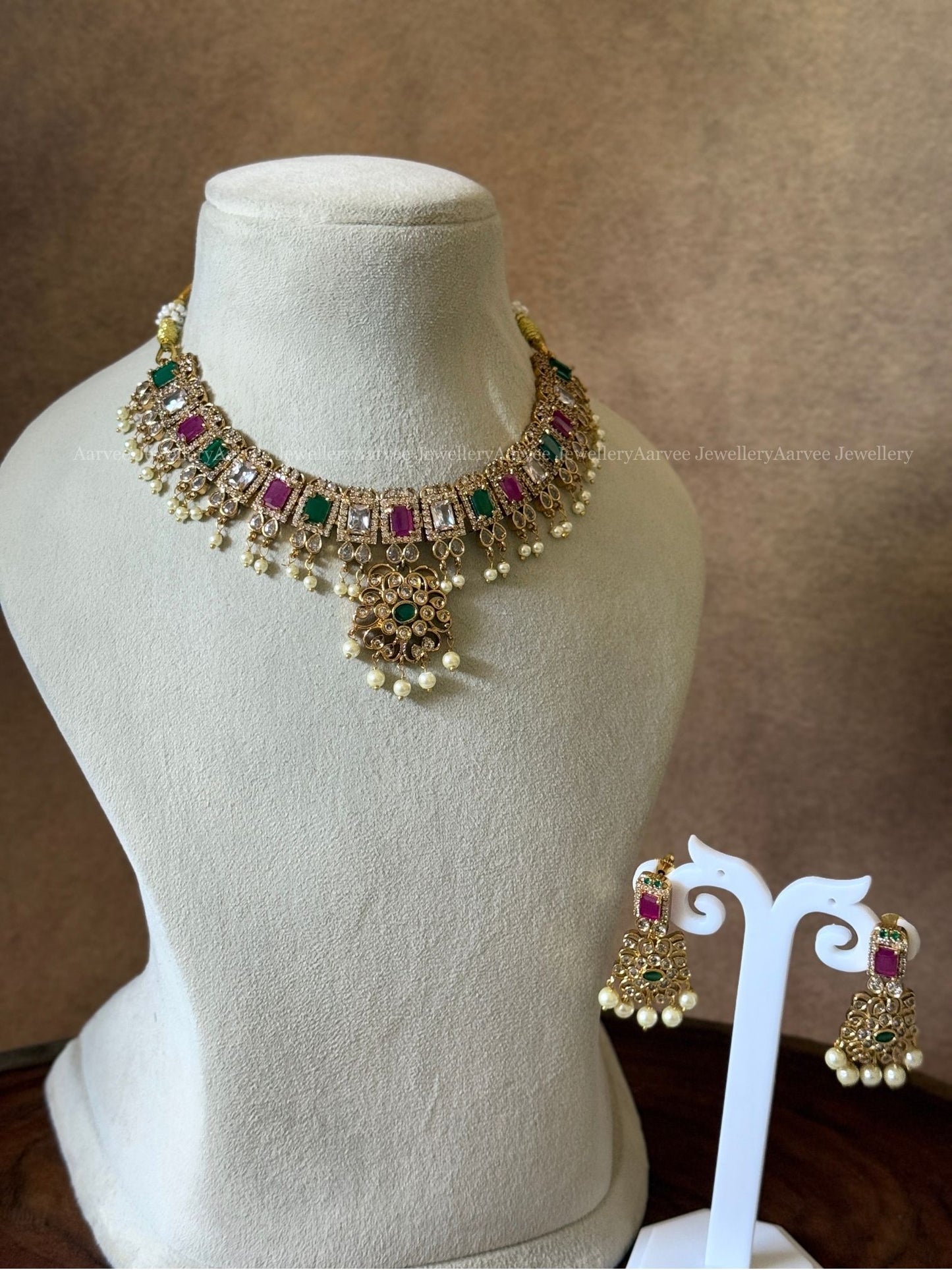 CLEARANCE - CZ PINK / GREEN STONE NECKLACE SET