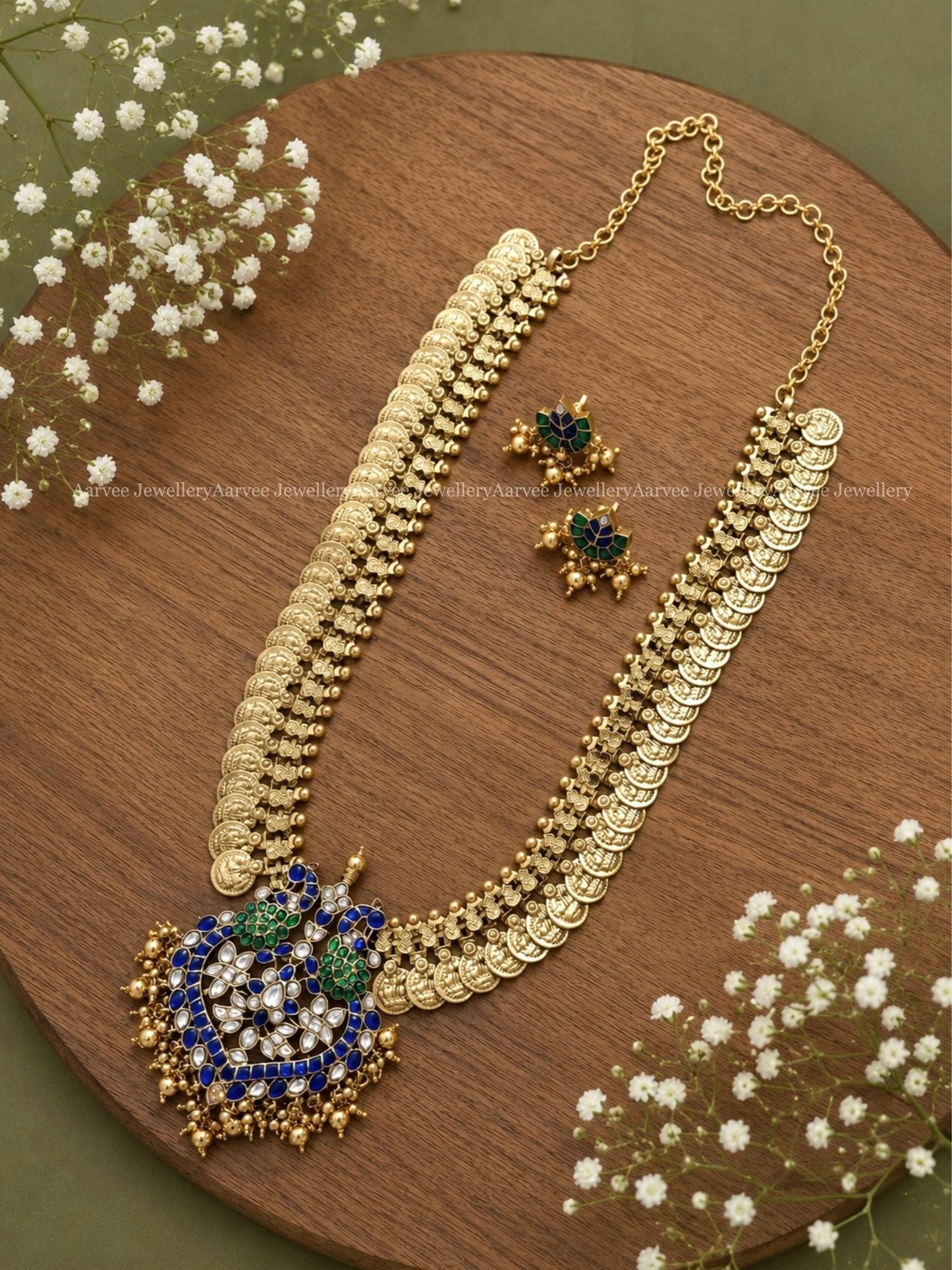 JADAU KUNDAN COIN MID LENGTH HARAM SET WITH BLUE / GREEN STONES PEACOCK PENDANT