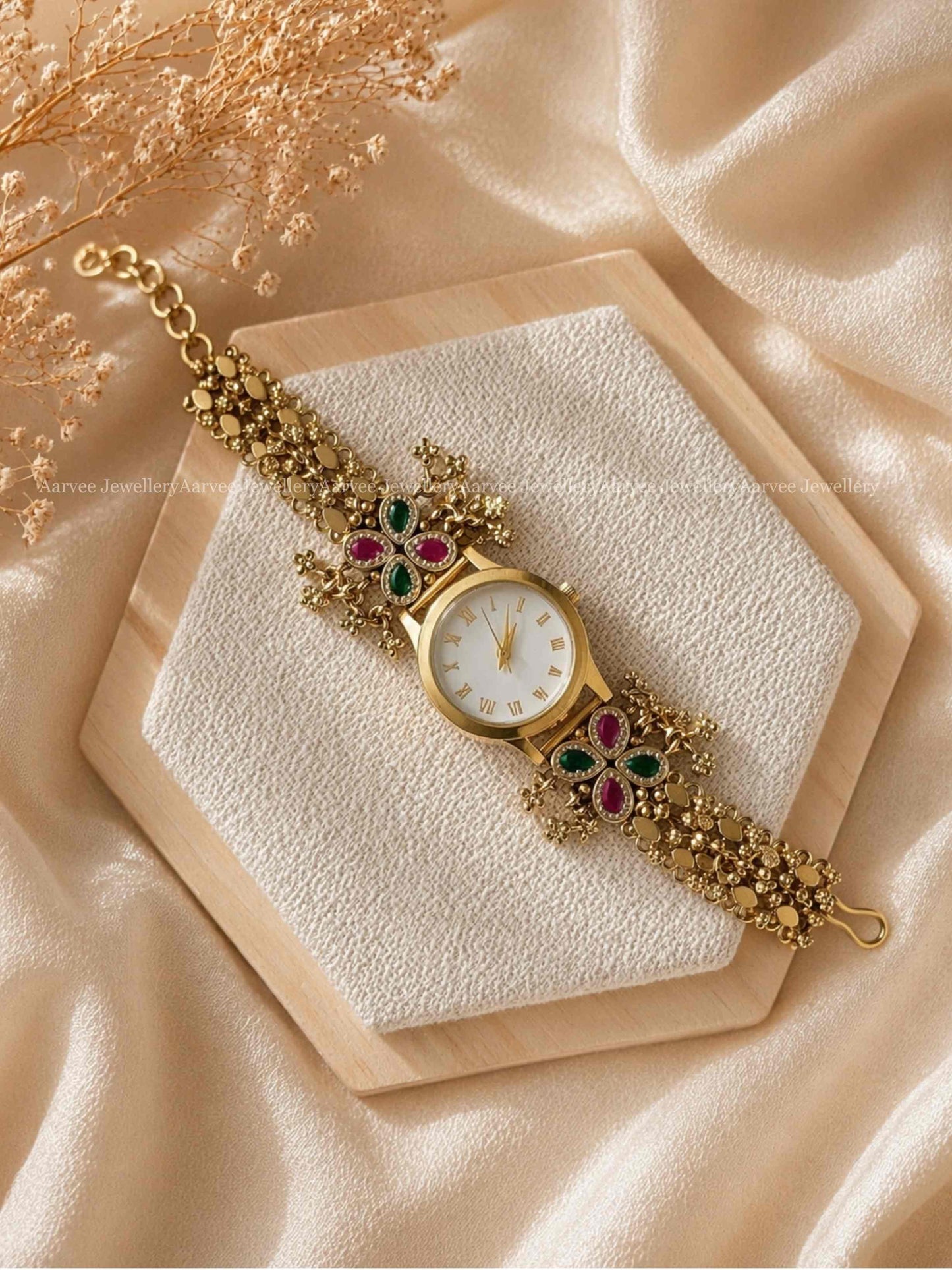 ANTIQUE JADAU KUNDAN 4 SQUARE PINK / GREEN STONES WATCH BRACELET WITH FLORAL MOTIF
