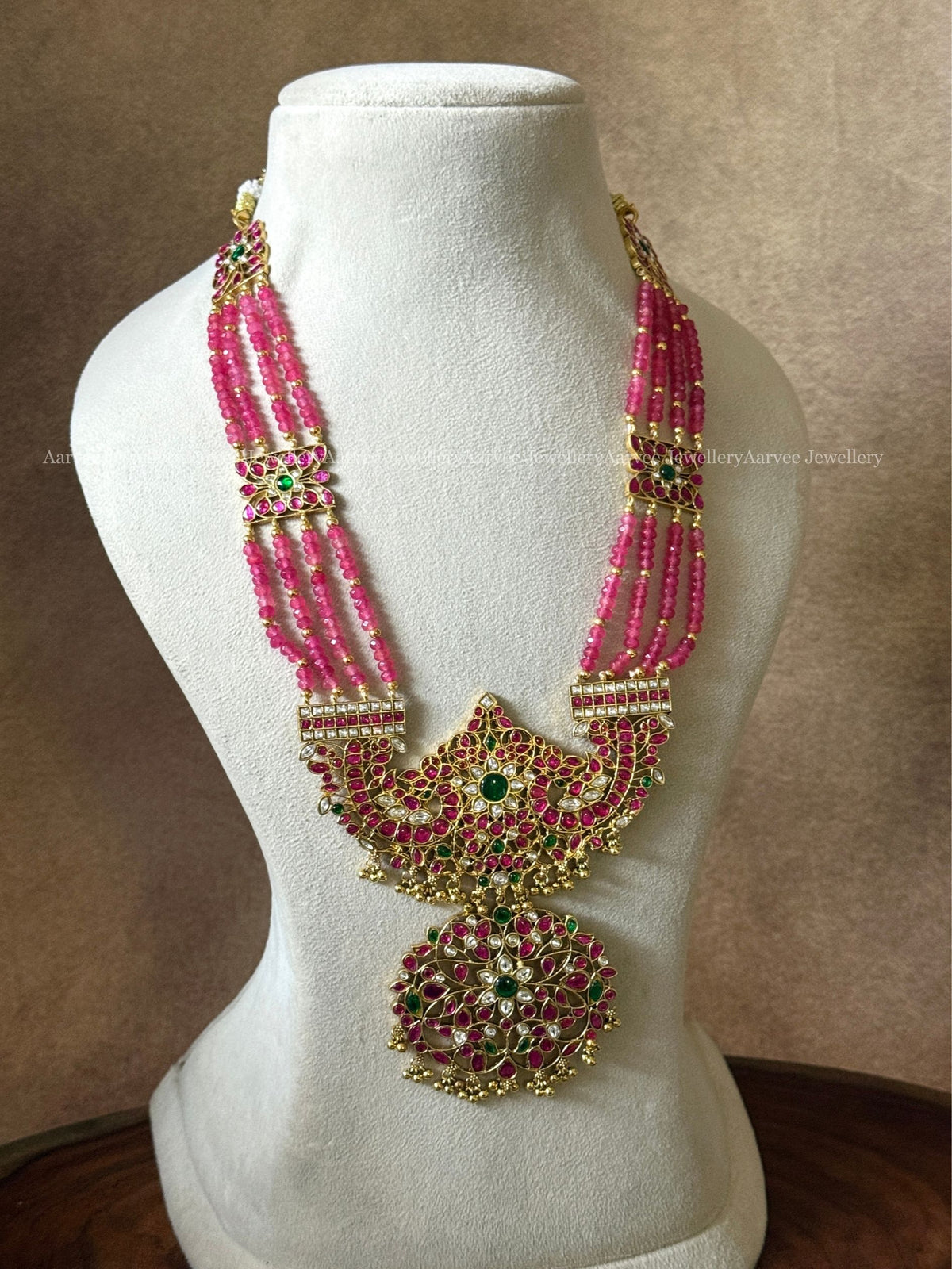 JADAU KUNDAN PINK BEADED HARAM WITH PEACOCK PENDANT