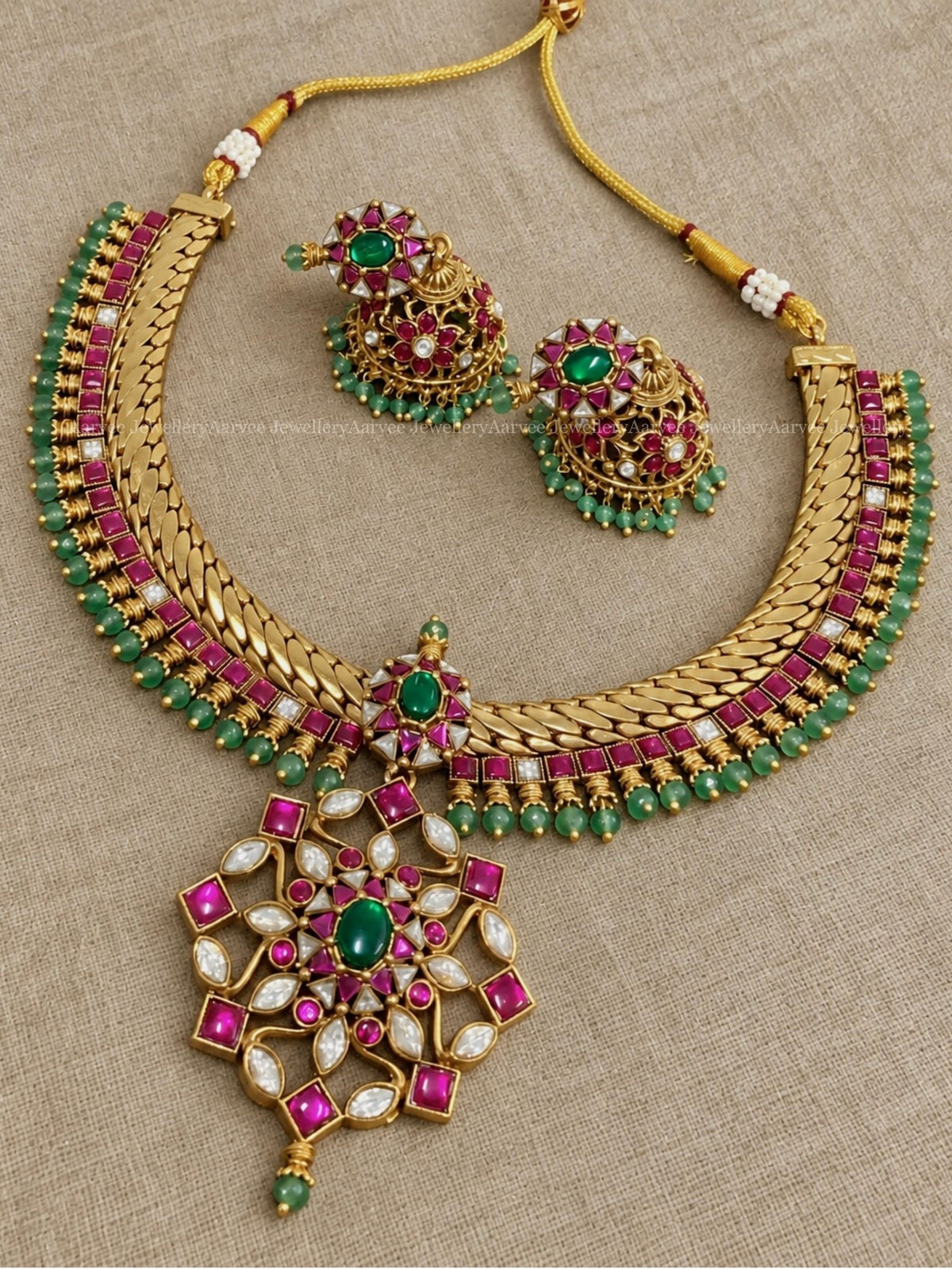 PREMIUM GOLD PLATED PINK KUNDAN STONES JALEBI NECKLACE SET WITH PASTEL BEADS