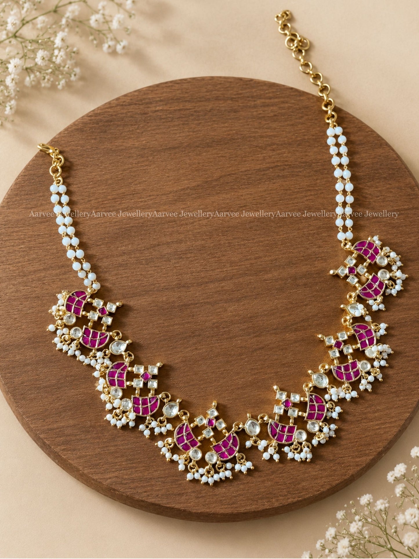 POLKI KUNDAN SIX PENDANT PINK STONE PEARL LINE NECKLACE