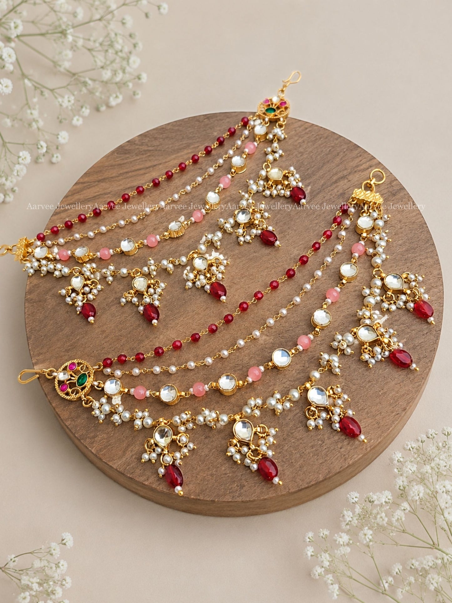 POLKI KUNDAN LAYERED EAR CHAIN WITH RED BEAD DROPS