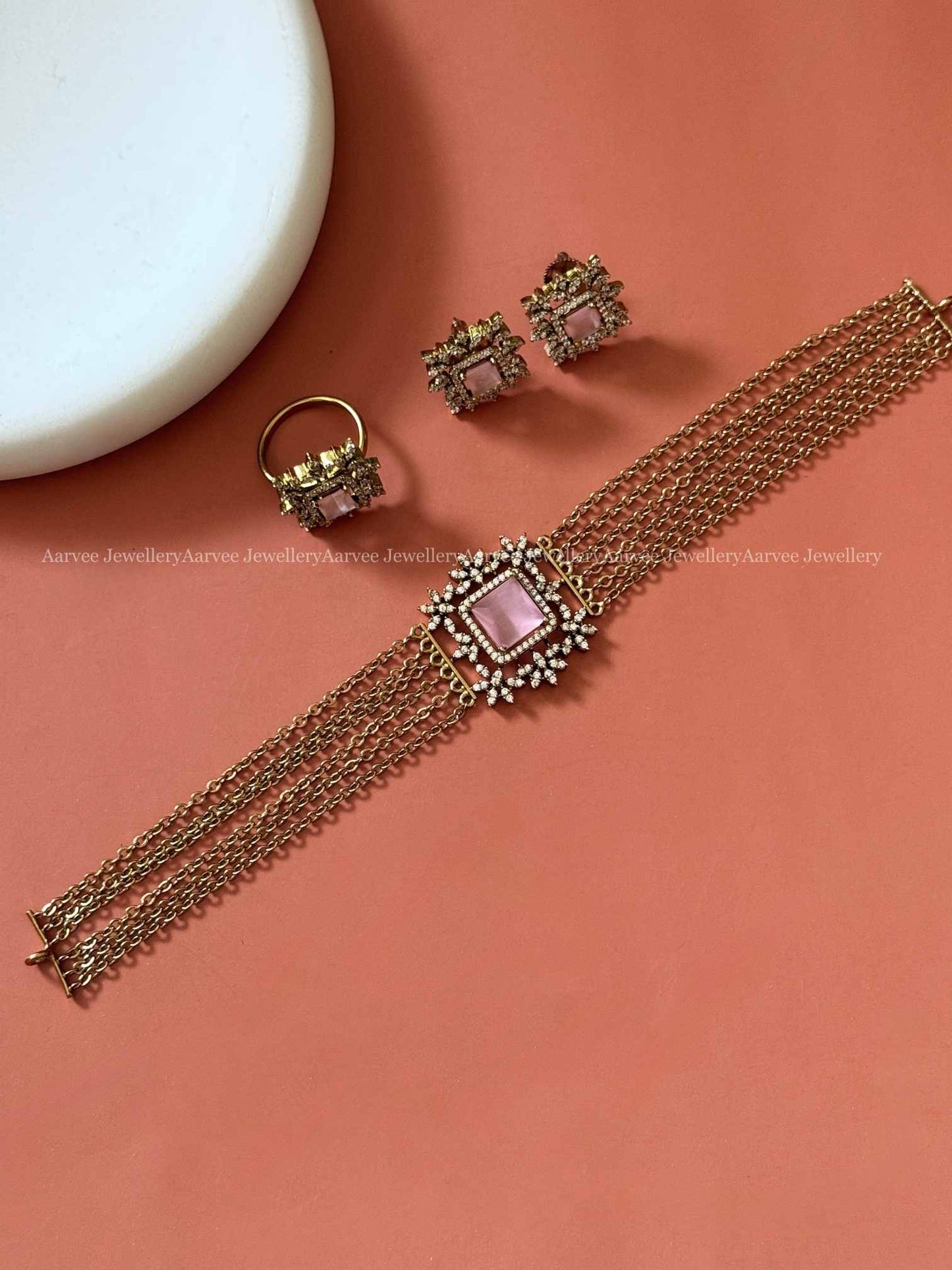 PASTEL PINK CZ STONE GOLD CHAIN CHOKER SET