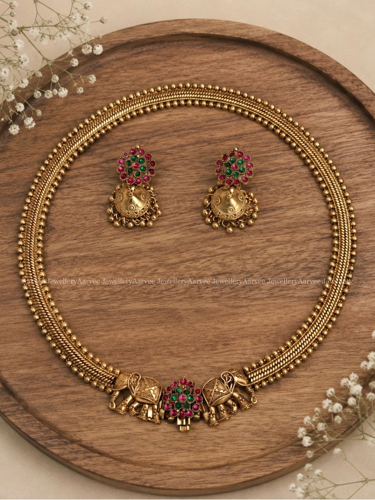GOLD TONE KEMP ELEPHANT MOTIF FRONT SCREW NECKLACE SET