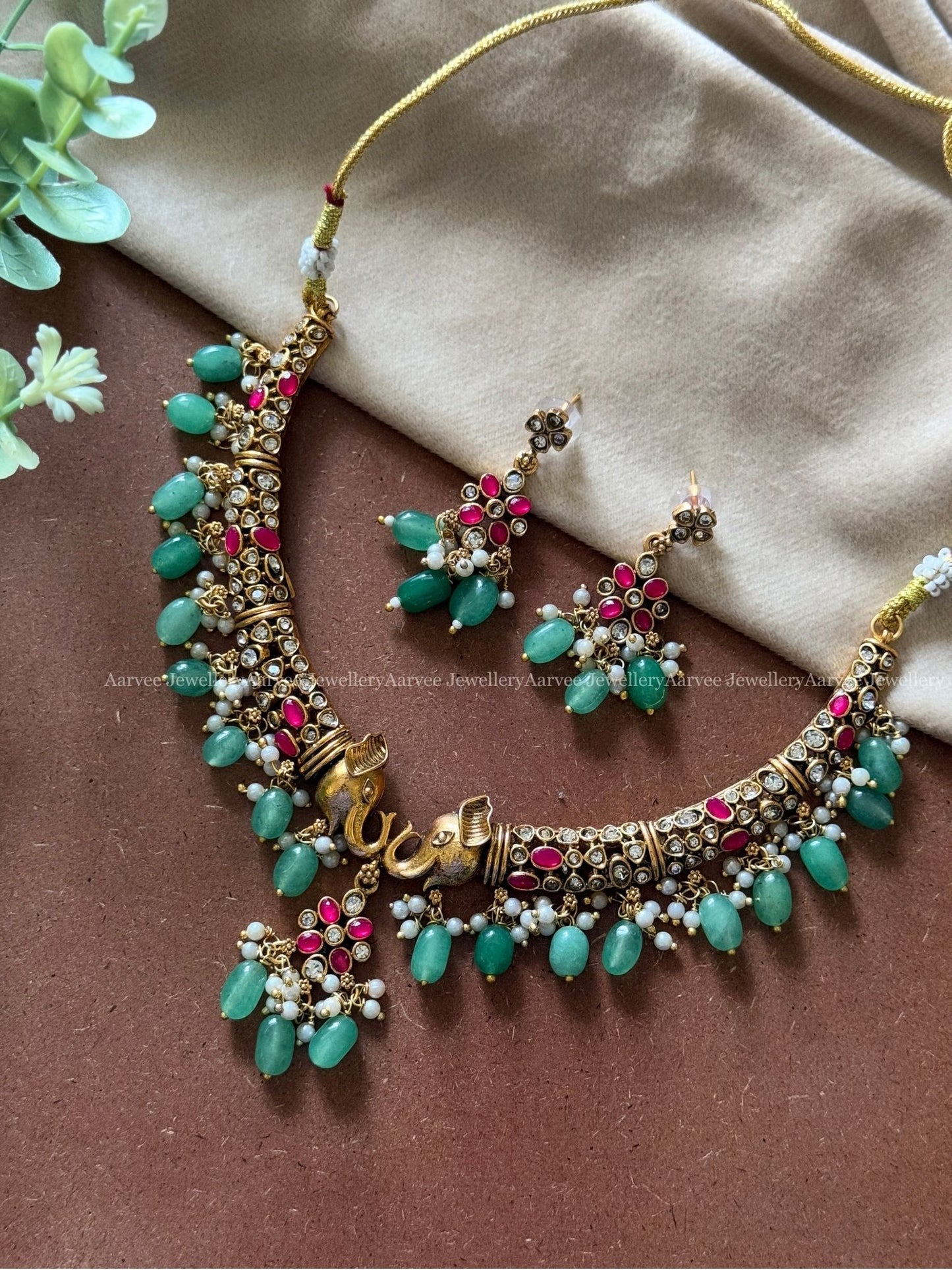 ELEPHANT KANTI NECKLACE SET WITH RUBY STONE AND PASTEL BEADS