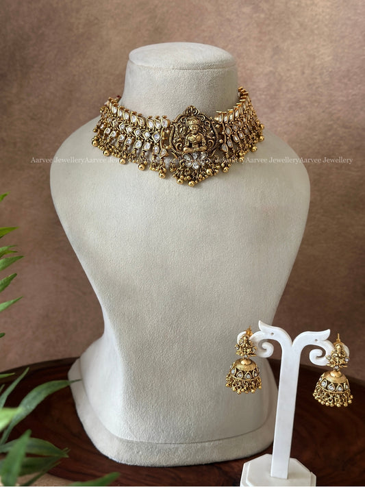 KUNDAN LAKSHMI CHOKER SET WITH WHITE STONES AND GOLD BEADS
