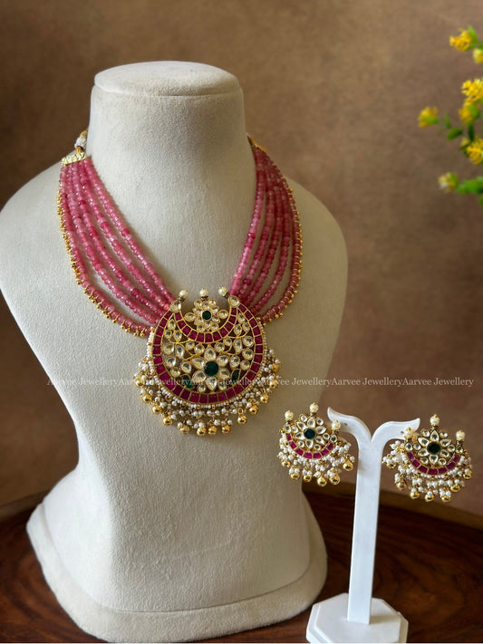 POLKI KUNDAN SET WITH LAYERED PASTEL PINK BEADS WITH KUNDAN PENDANT