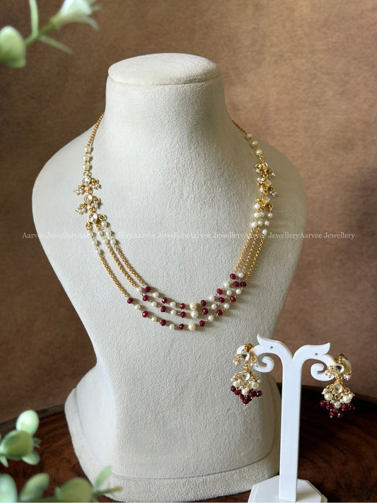 MINIMAL POLKI KUNDAN LAYERED CHAIN SET WITH WHITE STONE & MAROON BEADS