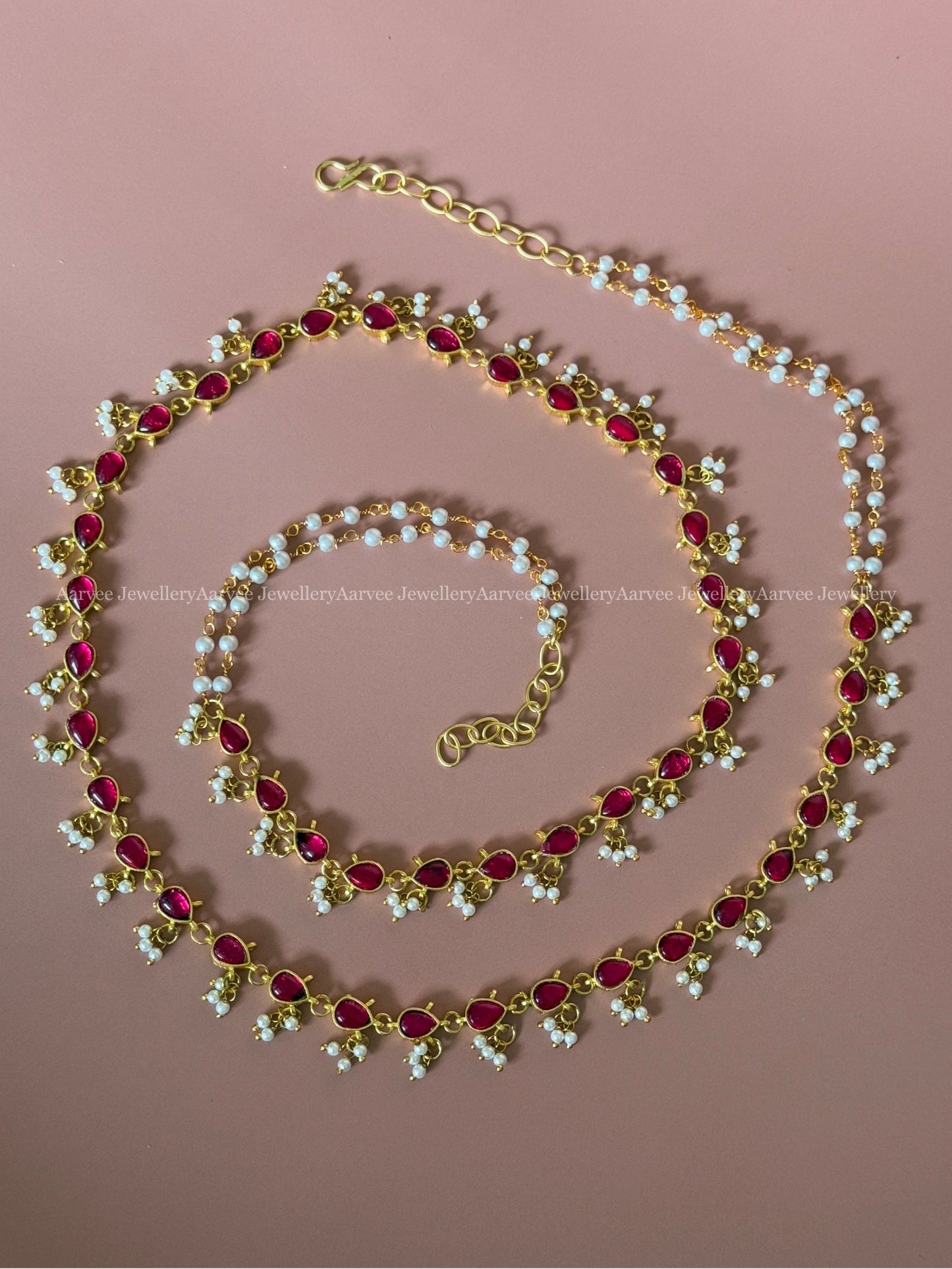 MINIMAL JADAU KUNDAN RUBY STONE WAIST CHAIN WITH PEARLS