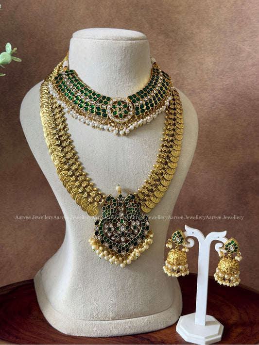 SEMI BRIDAL JADAU KUNDAN GREEN STONE BUTTA NECKLACE WITH COIN MIDLENGTH HARAM WITH GREEN STONE PEACOCK PENDANT AND MANGO JHUMKI