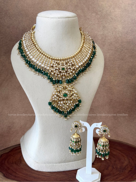 JADAU KUNDAN STATEMENT NECKLACE & FLORAL JHUMKI WITH WHITE STONES & GREEN BEADS