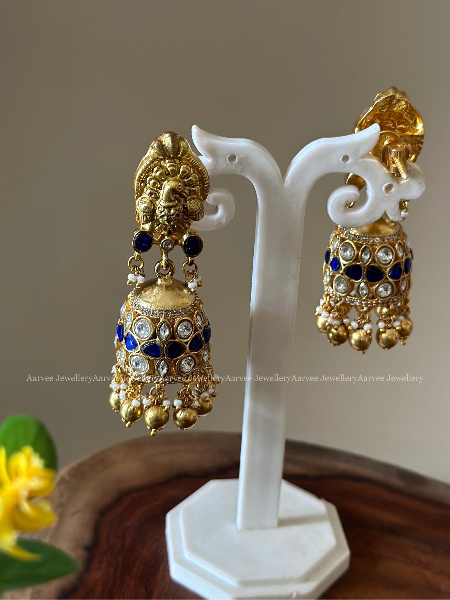 JADAU KUNDAN BLUE STONE KANTI NECKLACE WITH PEACOCK JHUMKI AND GOLD BEADS