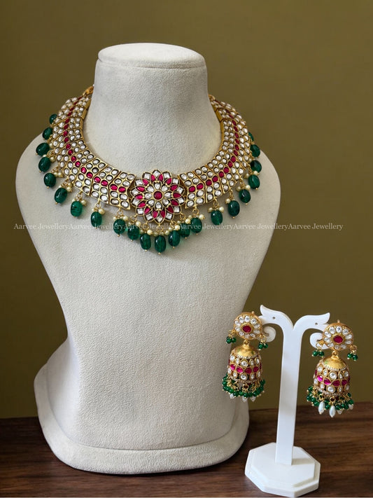 JADAU KUNDAN WHITE / PINK STONE FLORAL NECKLACE & JHUMKI WITH GREEN BEADS