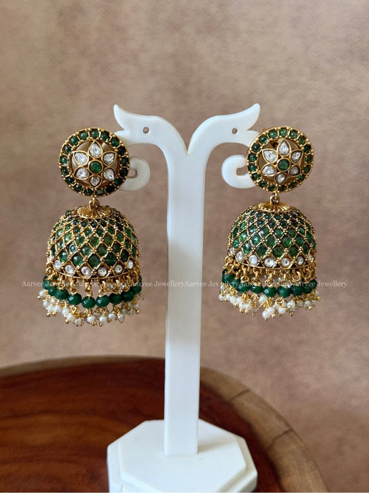 PREMIUM KEMP STONE FLORAL JHUMKI WITH GREEN STONE & GREEN BEADS