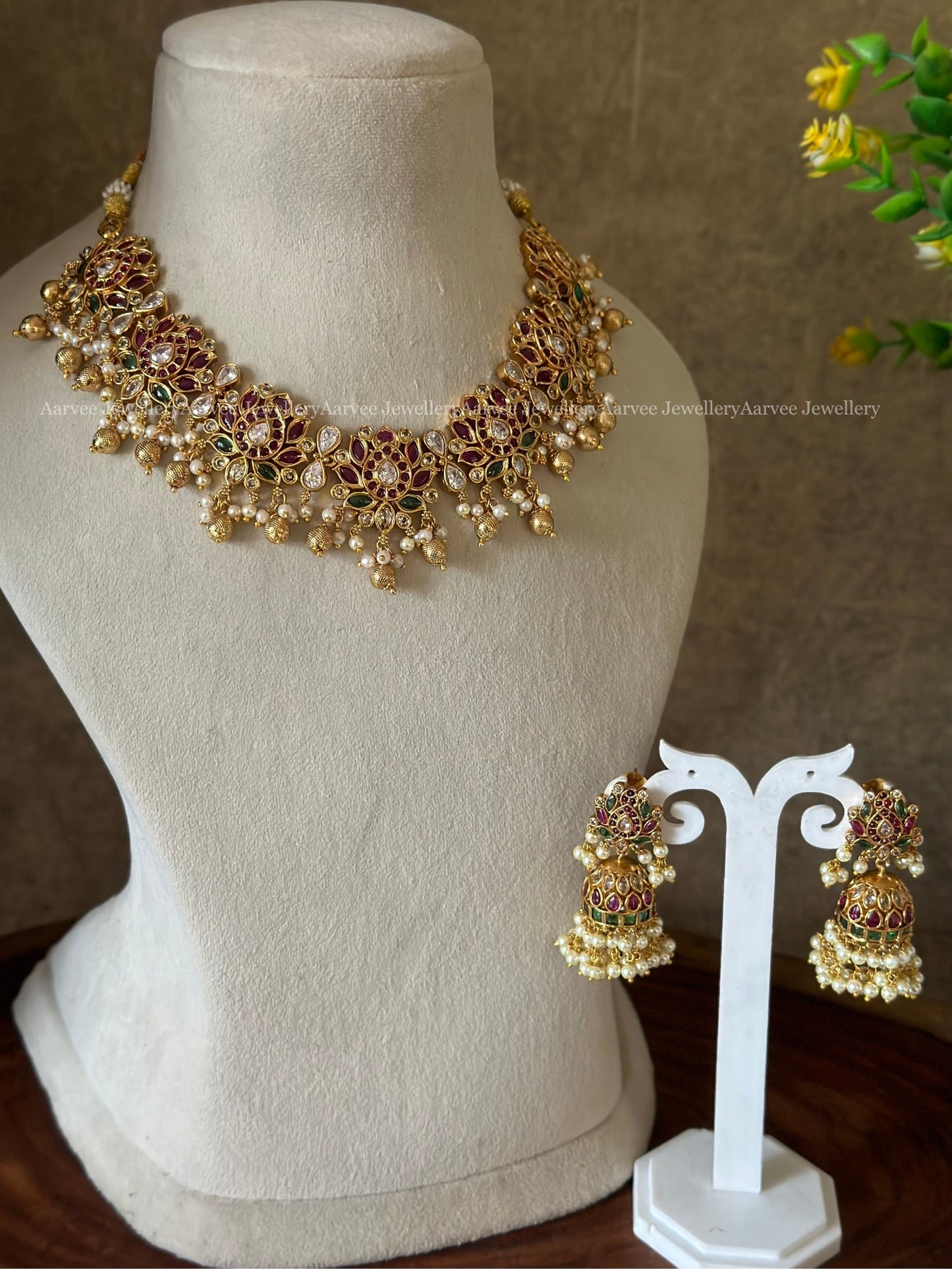 CZ LOTUS MOTIF NECKLACE SET WITH RUBY & GREEN STONES AND GOLD BEADS & PEARLS