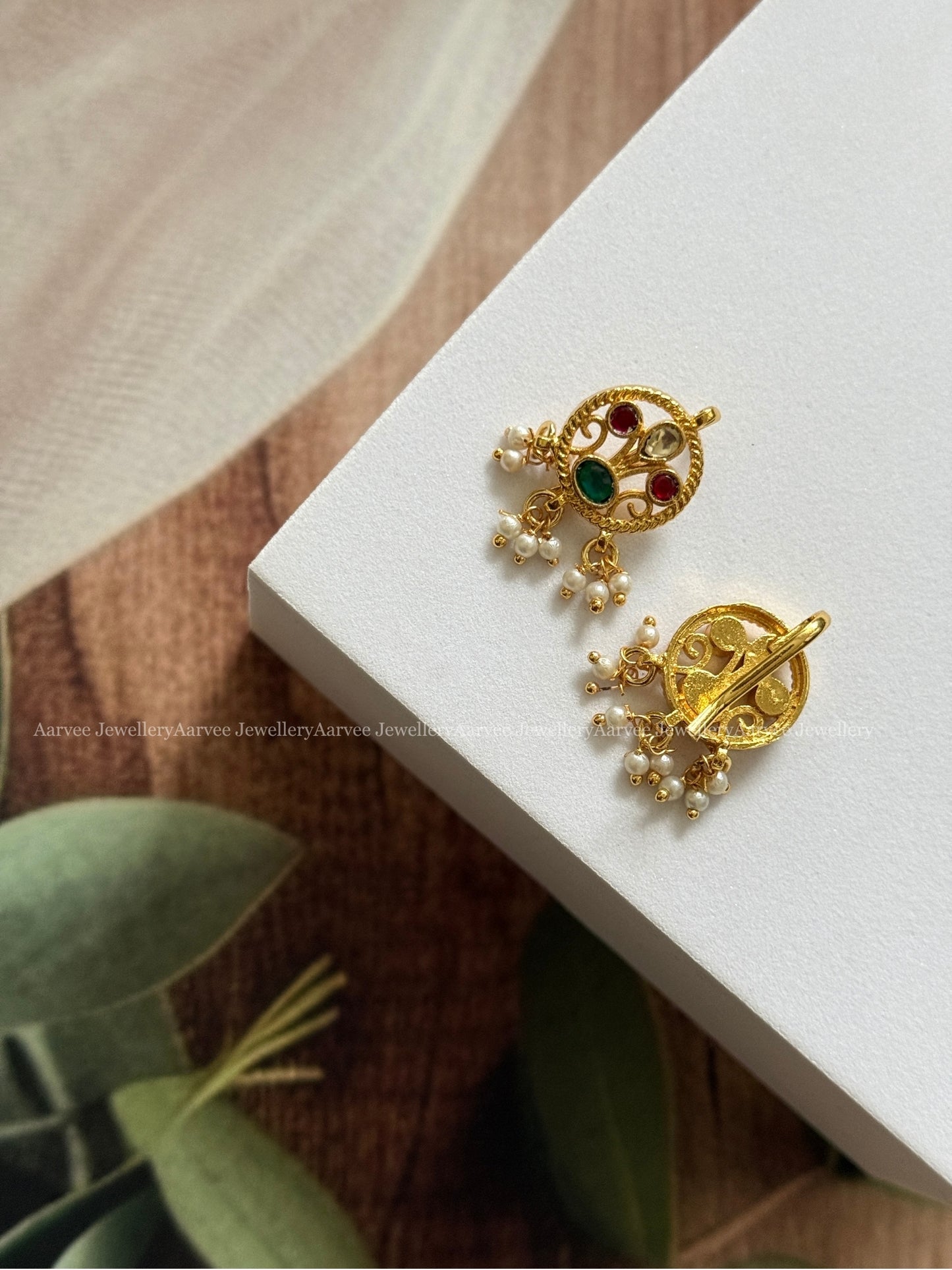 GOLD FLORAL EAR CUFF WITH GREEN / RUBY STONES