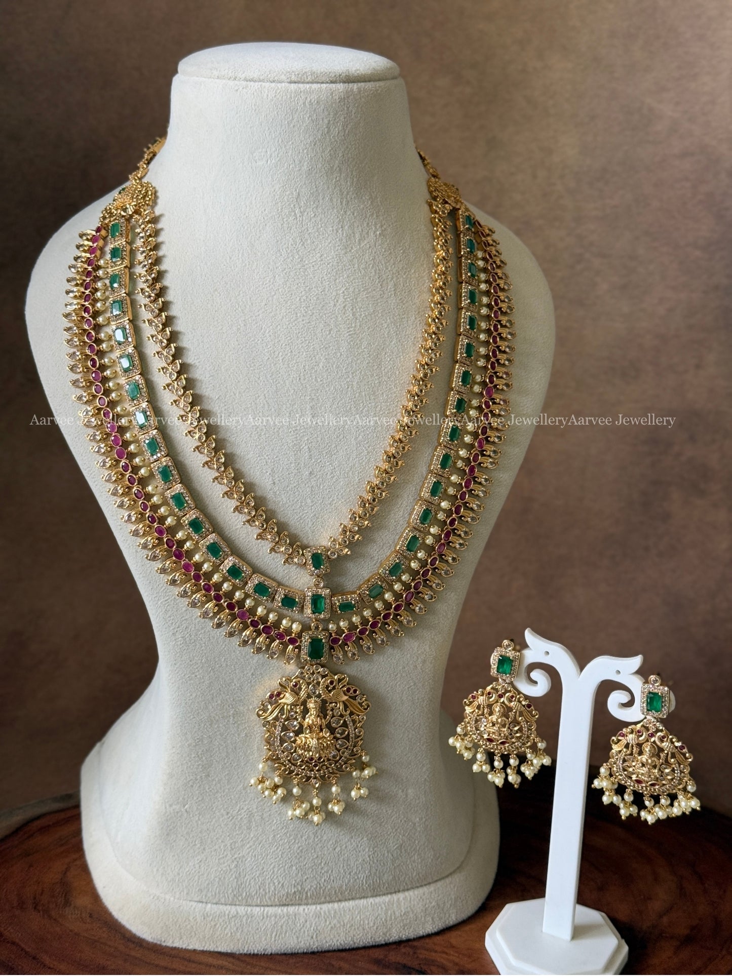 CZ RUBY / GREEN STONE LAYERED MID LENGTH HARAM SET WITH LAKSHMI PENDANT