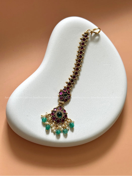 KEMP DEEP RUBY / GREEN STONE FLORAL TIKKA WITH PASTEL BEADS