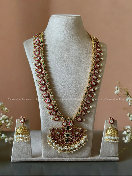 JADAU KUNDAN RUBY STONES MANGO HARAM & MANGO JHUMKI WITH PEARLS