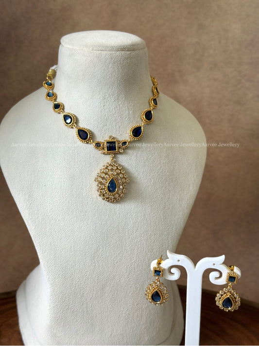 CZ NAVY BLUE STONE VICTORIAN TEAR DROP NECKLACE SET