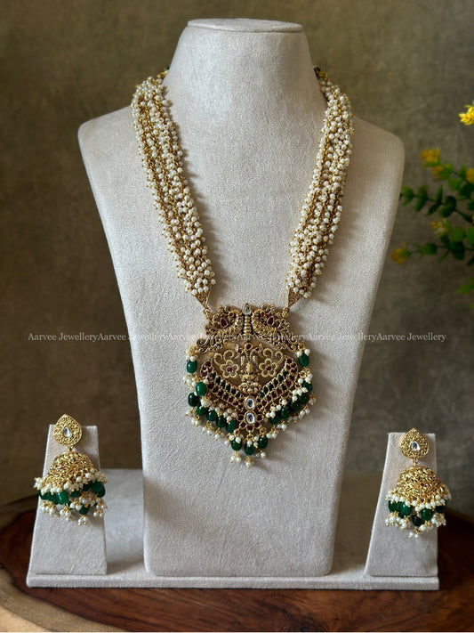 PEARL BUNCH MID LENGTH CHAIN SET WITH PEACOCK & LAKSHMI PENDANT AND GREEN BEADS