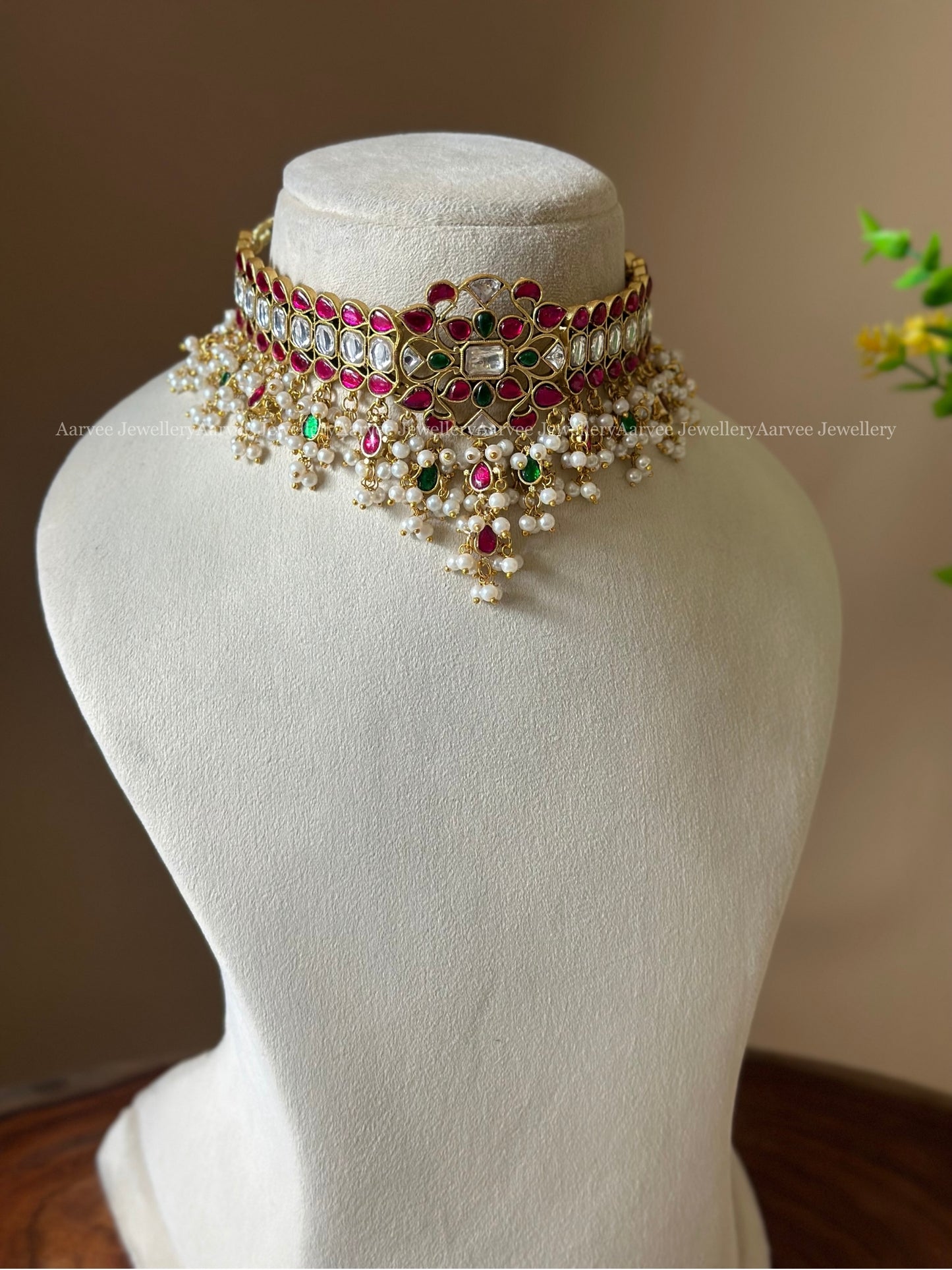 JADAU KUNDAN RUBY STONE FLORAL HIGHNECK CHOKER WITH PEARLS