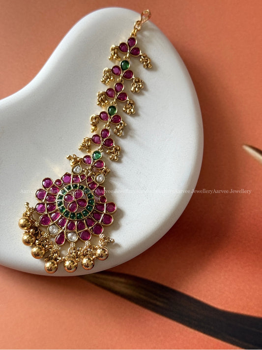 HIGH QUALITY KEMP RUBY / GREEN STONES TIKKA WITH GOLD BEADS