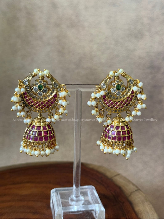 PREMIUM KEMP STONE CHAND DESIGN JHUMKI WITH RUBY / GREEN STONE & PEARLS