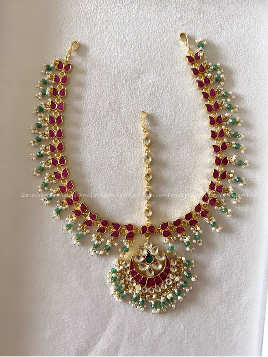 POLKI KUNDAN RUBY STONE MATHAPATTI WITH TINY PASTEL & PEARL BEADS