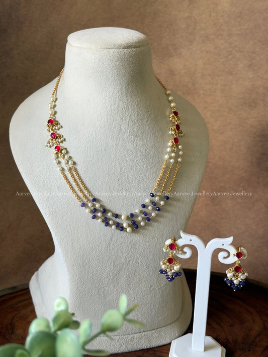 MINIMAL POLKI KUNDAN LAYERED CHAIN SET WITH RUBY STONE & PURPLE BEADS