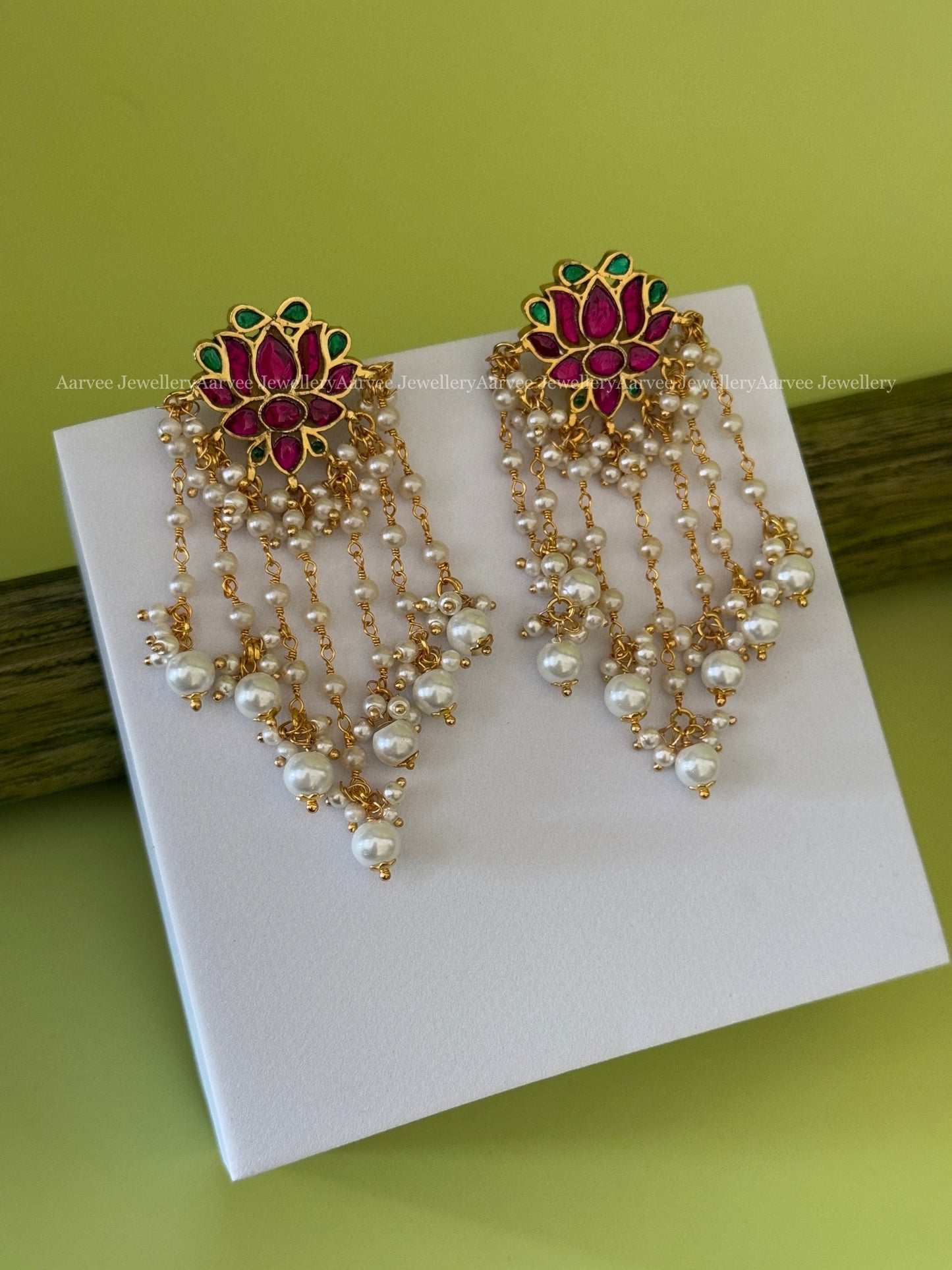 JADAU KUNDAN LOTUS DANGLER EARRINGS WITH LAYERED PEARL BEAD DROPS