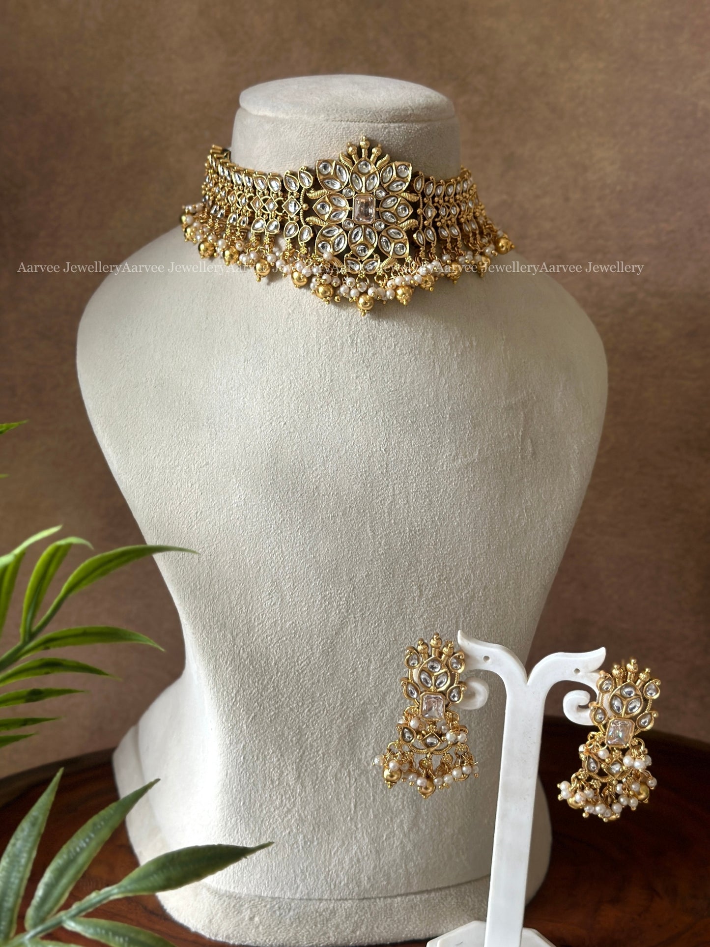 CZ WHITE STONE HIGH NECK CHOKER SET WITH GOLD & PEARL BEADS