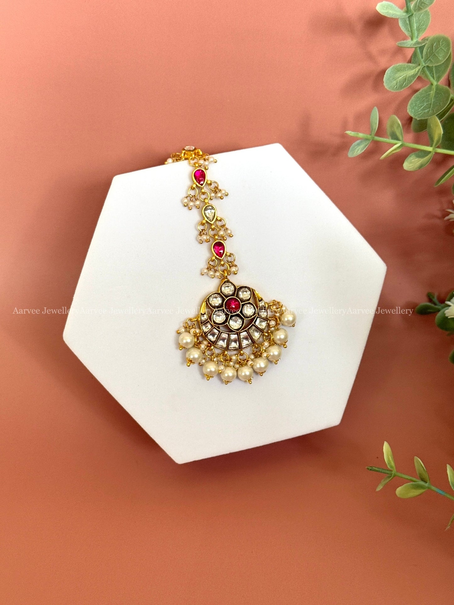 JADAU KUNDAN HALF MOON DESIGN TIKKA WITH WHITE / RUBY STONES WITH PEARLS