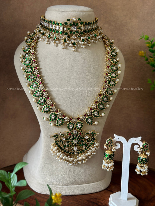 COMBO - JADAU KUNDAN GREEN STONE HIGH NECK CHOKER WITH MANGO MOTIF HARAM AND MANGO JHUMKI