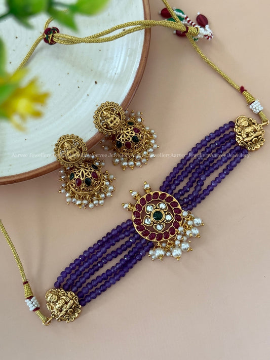 PURPLE BEADED ROUND CHOKER SET WITH RUBY / GREEN STONES AND PEARLS